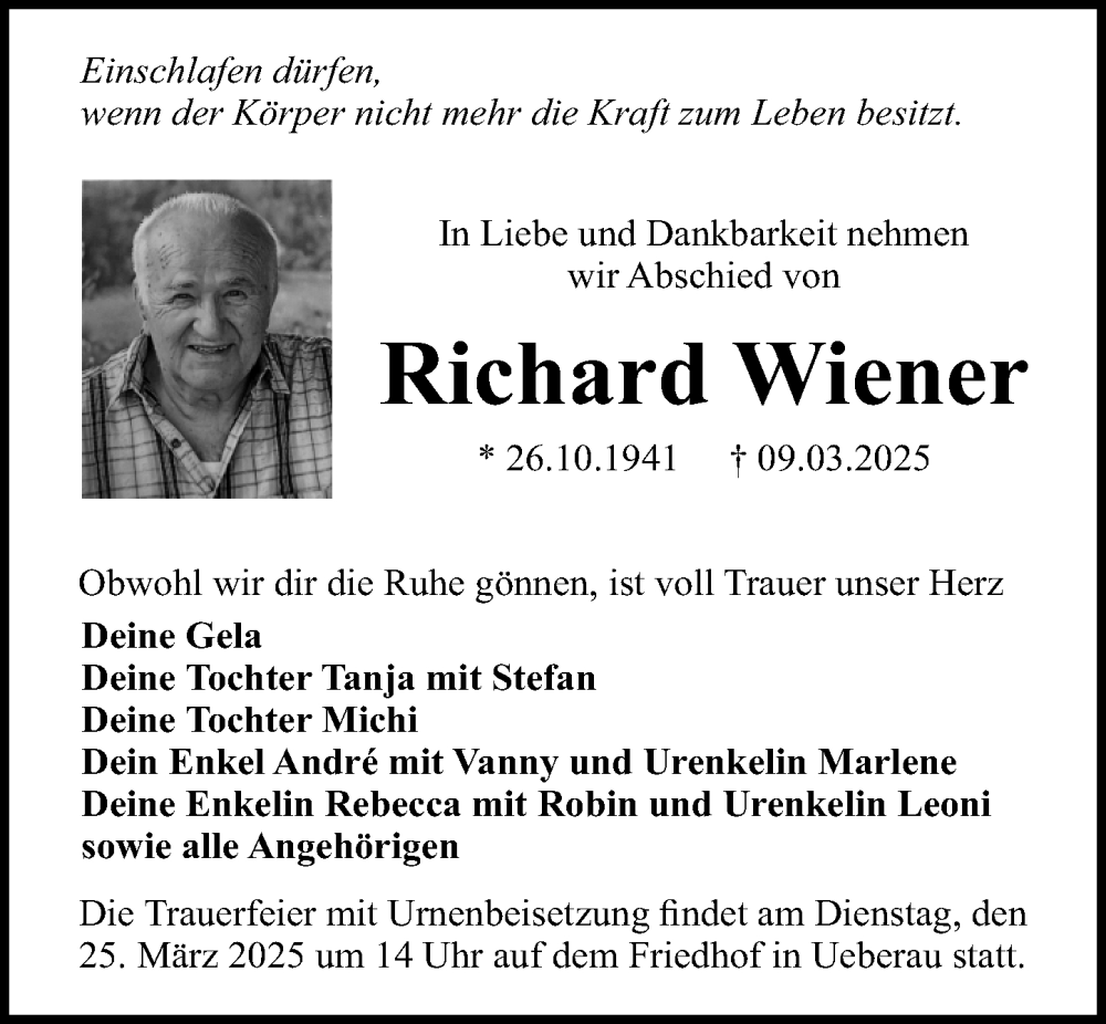  Traueranzeige für Richard Wiener vom 22.03.2025 aus Darmstädter Echo