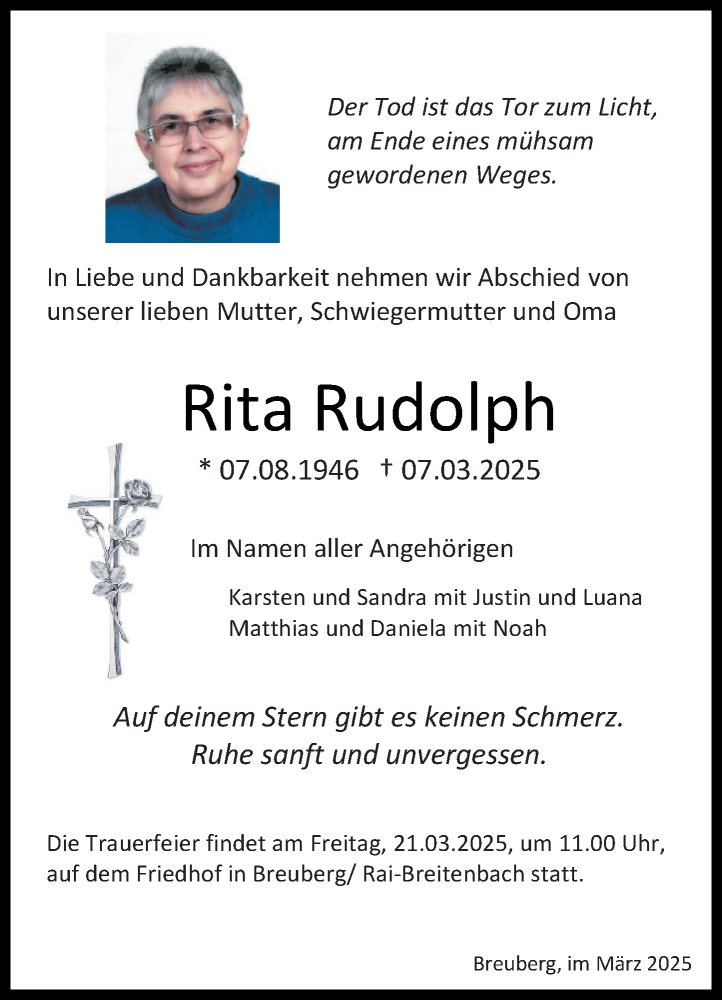  Traueranzeige für Rita Rudolph vom 15.03.2025 aus Odenwälder Echo