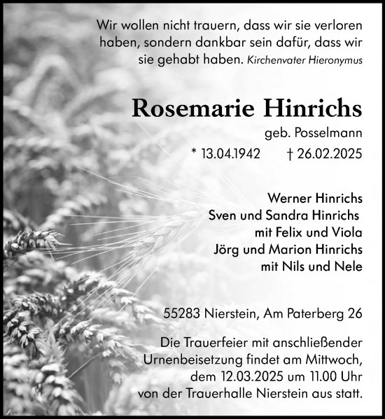 Traueranzeige von Rosemarie Hinrichs von Wiesbadener Kurier