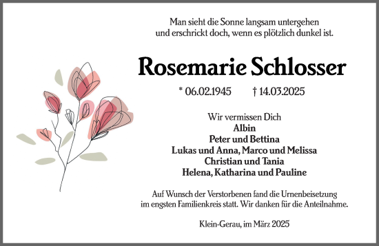 Traueranzeige von Rosemarie Schlosser von Groß-Gerauer Echo