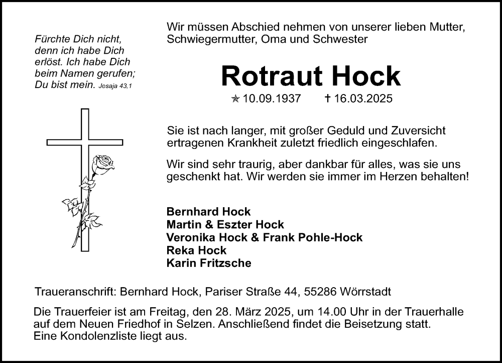  Traueranzeige für Rotraut Hock vom 22.03.2025 aus Allgemeine Zeitung Alzey