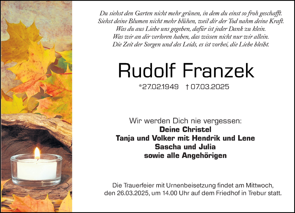  Traueranzeige für Rudolf Franzek vom 22.03.2025 aus Groß-Gerauer Echo