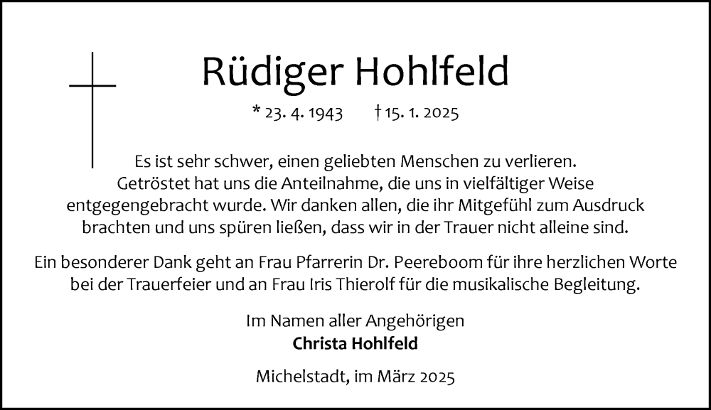  Traueranzeige für Rüdiger Hohlfeld vom 08.03.2025 aus Odenwälder Echo