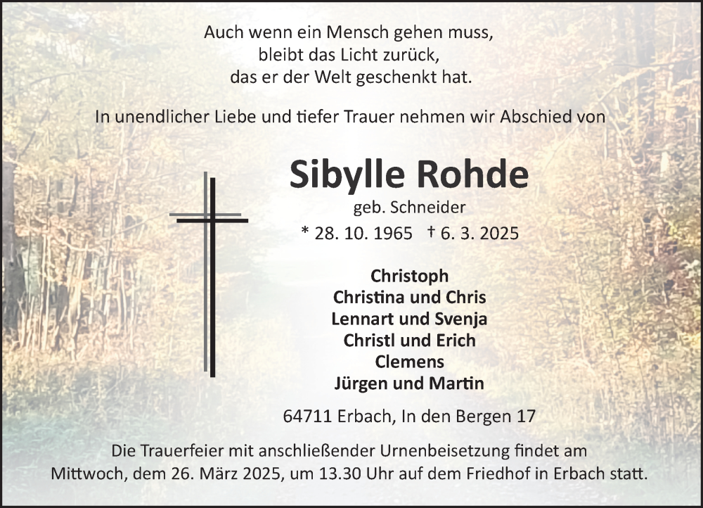  Traueranzeige für Sibylle Rohde vom 15.03.2025 aus Odenwälder Echo