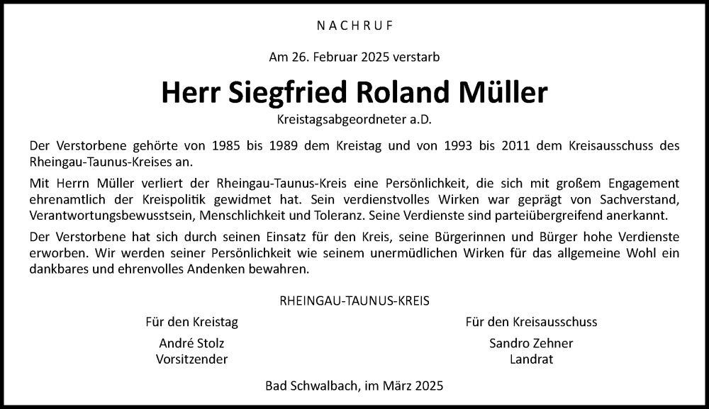  Traueranzeige für Siegfried Roland Müller vom 12.03.2025 aus Idsteiner Land/Untertaunus