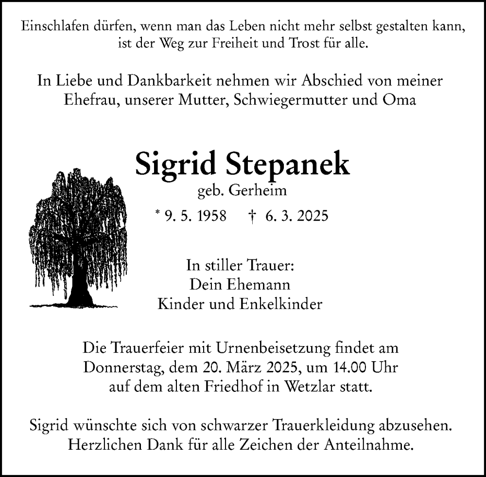 Traueranzeige für Sigrid Stepanek vom 14.03.2025 aus Wetzlarer Neue Zeitung