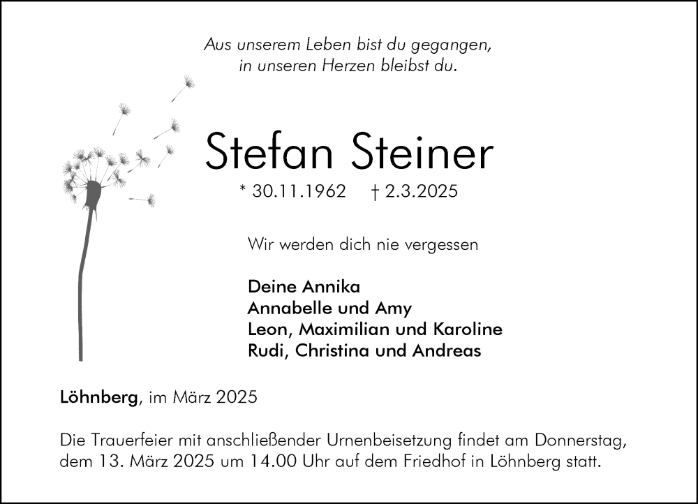  Traueranzeige für Stefan Steiner vom 08.03.2025 aus Weilburger Tageblatt
