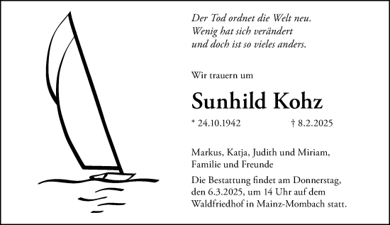 Traueranzeige von Sunhild Kohz von Allgemeine Zeitung Mainz