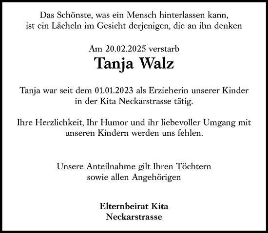 Traueranzeige von Tanja Walz von Rüsselsheimer Echo
