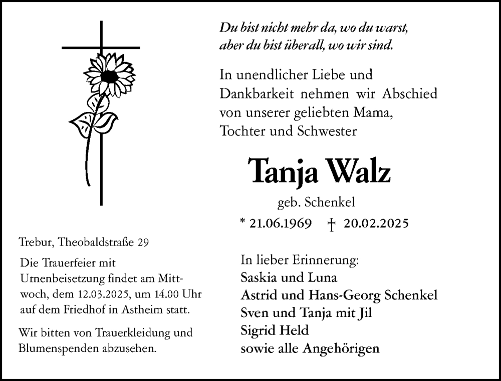  Traueranzeige für Tanja Walz vom 07.03.2025 aus Rüsselsheimer Echo