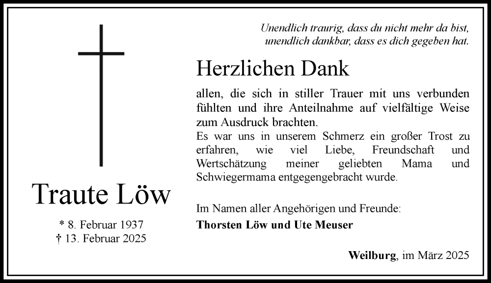  Traueranzeige für Traute Löw vom 29.03.2025 aus Weilburger Tageblatt