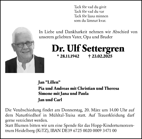 Traueranzeige von Ulf Settergren von Darmstädter Echo