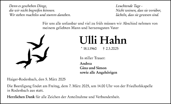 Traueranzeige von Ulli Hahn von Dill Block