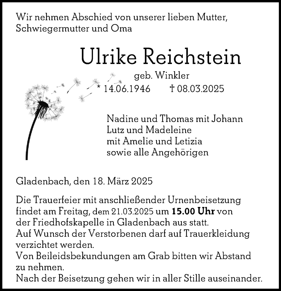  Traueranzeige für Ulrike Reichstein vom 18.03.2025 aus Hinterländer Anzeiger