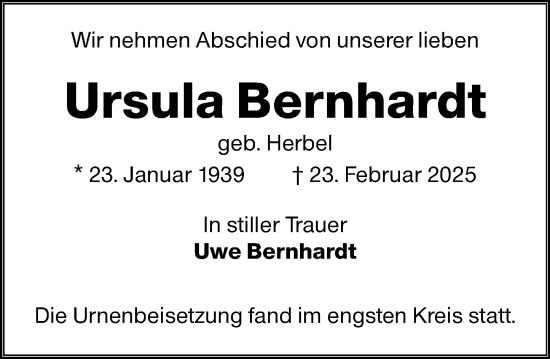 Traueranzeige von Ursula Bernhardt von Wiesbadener Kurier