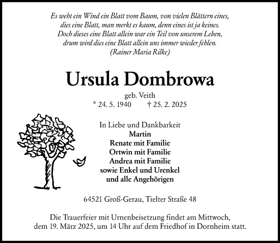 Traueranzeige von Ursula Dombrowa von Groß-Gerauer Echo