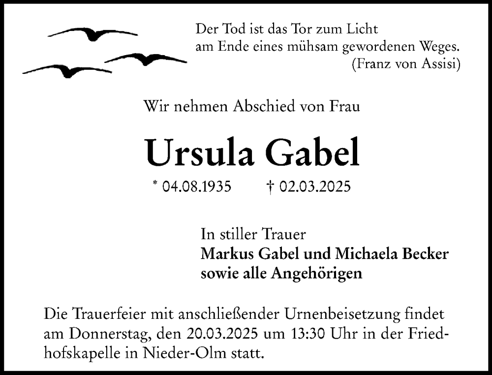  Traueranzeige für Ursula Gabel vom 15.03.2025 aus Allgemeine Zeitung Mainz
