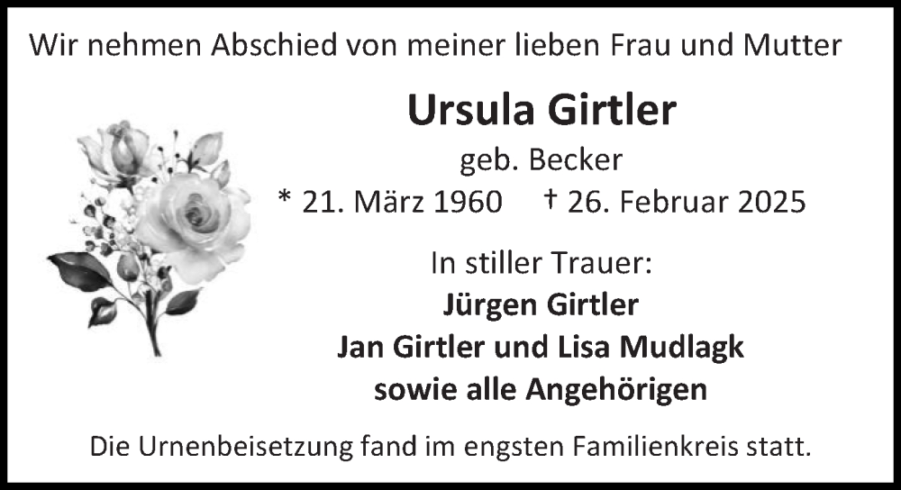  Traueranzeige für Ursula Girtler vom 29.03.2025 aus Allgemeine Zeitung Mainz