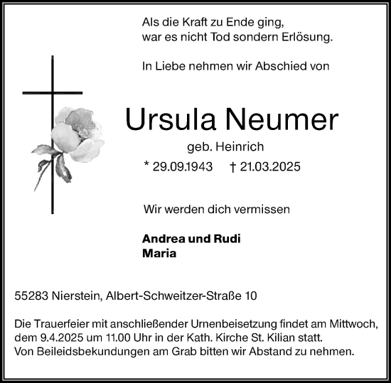 Traueranzeige von Ursula Neumer von Allgemeine Zeitung Mainz