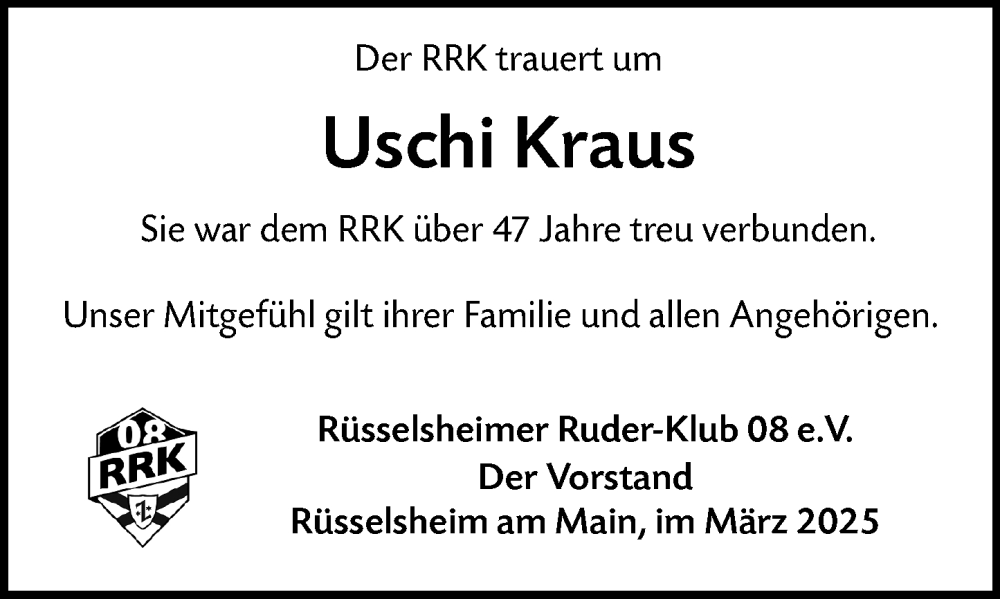  Traueranzeige für Uschi Kraus vom 22.03.2025 aus Rüsselsheimer Echo