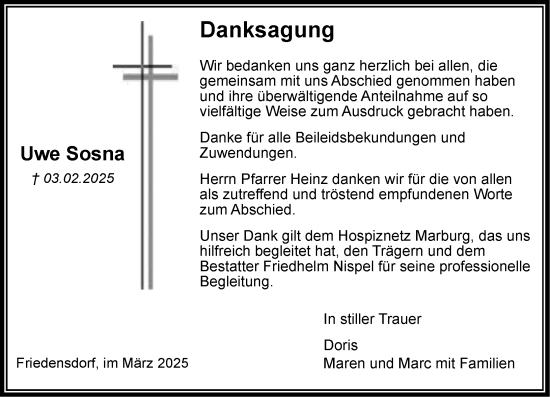 Traueranzeige von Uwe Sosna von Hinterländer Anzeiger
