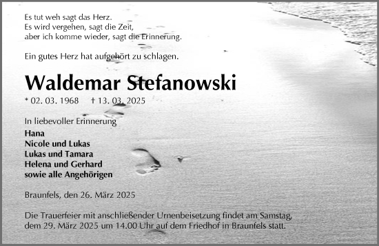 Traueranzeige von Waldemar Stefanowski von Wetzlarer Neue Zeitung