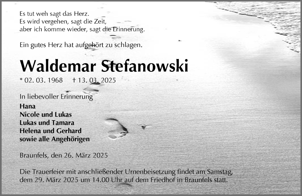  Traueranzeige für Waldemar Stefanowski vom 26.03.2025 aus Wetzlarer Neue Zeitung