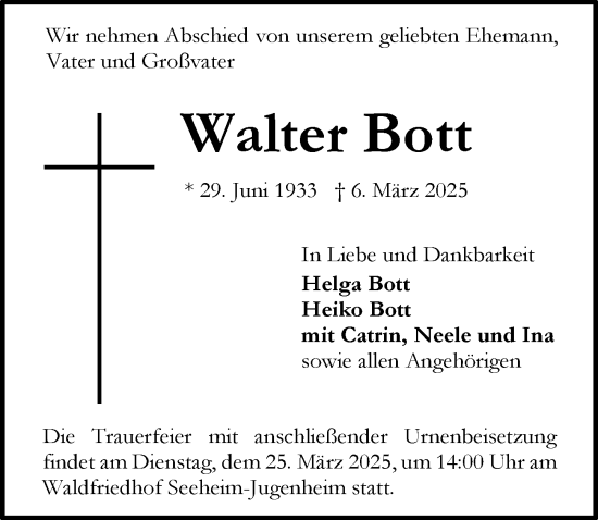 Traueranzeige von Walter Bott von Groß-Gerauer Echo