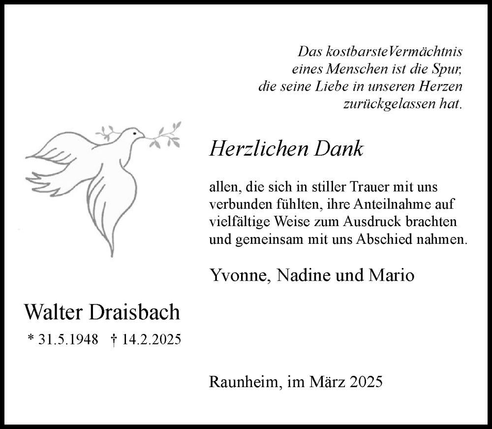  Traueranzeige für Walter Draisbach vom 15.03.2025 aus Rüsselsheimer Echo