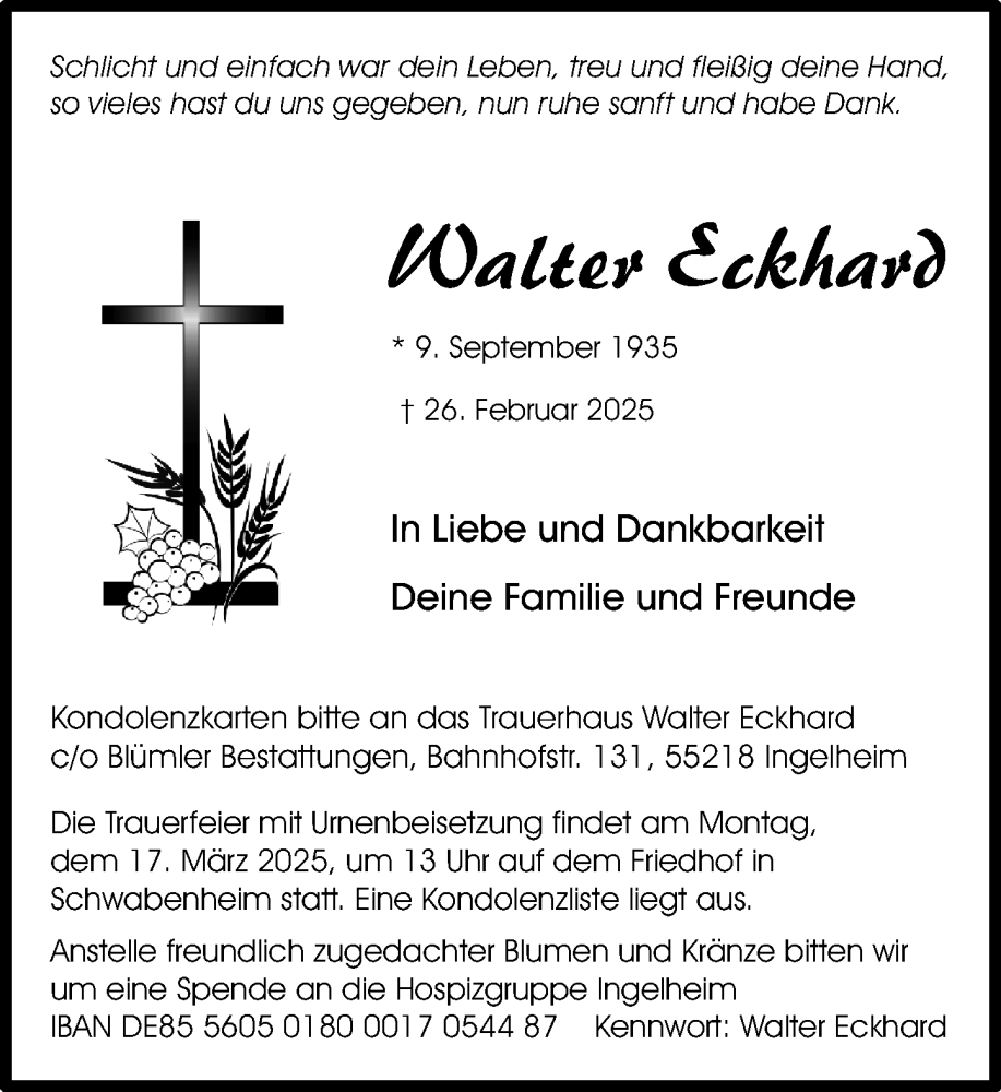  Traueranzeige für Walter Eckhard vom 08.03.2025 aus Allgemeine Zeitung Rheinhessen-Nahe