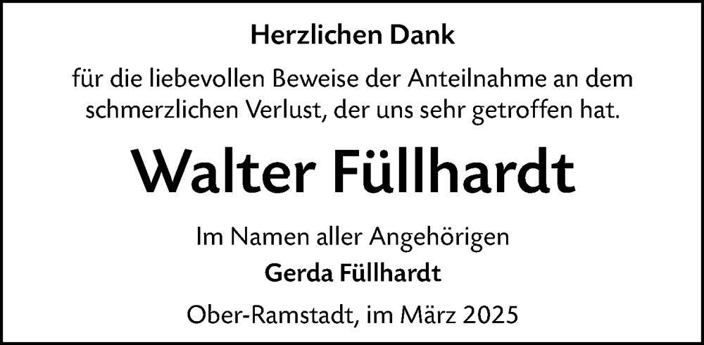  Traueranzeige für Walter Füllhardt vom 22.03.2025 aus Darmstädter Echo
