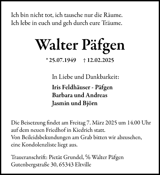 Traueranzeige von Walter Päfgen von Rheingau Kurier