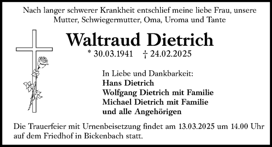 Traueranzeige von Waltraud Dietrich von Darmstädter Echo