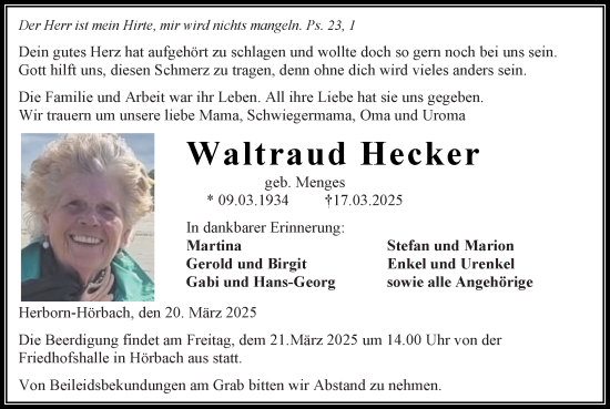 Traueranzeige von Waltraud Hecker von Dill Block