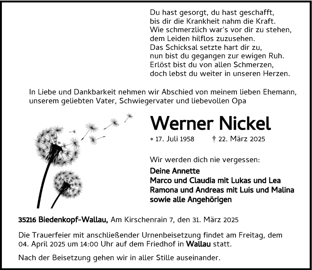  Traueranzeige für Werner Nickel vom 31.03.2025 aus Hinterländer Anzeiger