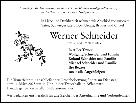 Traueranzeige von Werner Schneider von Wetzlarer Neue Zeitung