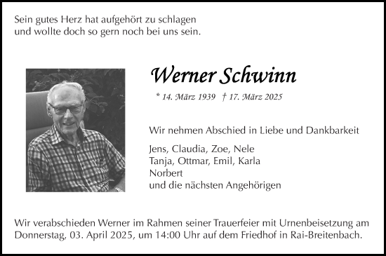 Traueranzeige von Werner Schwinn von Odenwälder Echo