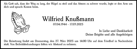 Traueranzeige von Wilfried Knußmann von Allgemeine Zeitung Mainz