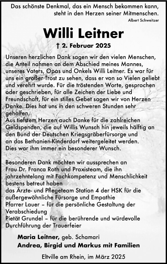 Traueranzeige von Willi Leitner von Rheingau Kurier