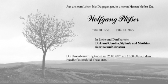 Traueranzeige von Wolfgang Plößer von Darmstädter Echo
