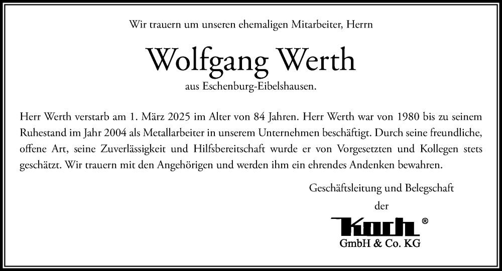  Traueranzeige für Wolfgang Werth vom 22.03.2025 aus Dill Block