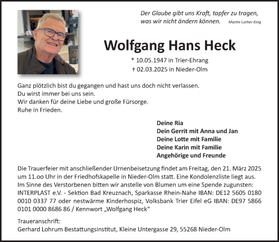 Traueranzeige von Wolfgang Hans Heck von Allgemeine Zeitung Mainz