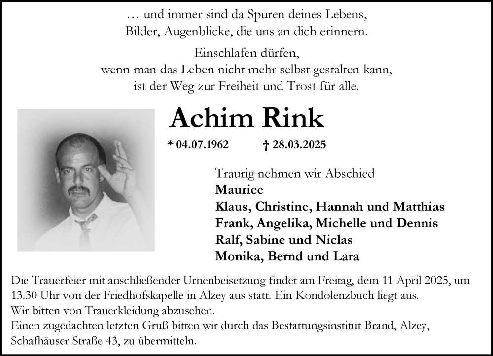  Traueranzeige für Achim Rink vom 05.04.2025 aus Allgemeine Zeitung Alzey