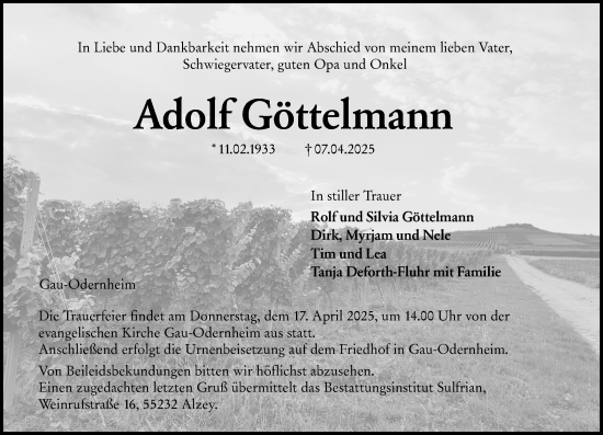 Traueranzeige von Adolf Göttelmann von Allgemeine Zeitung Alzey