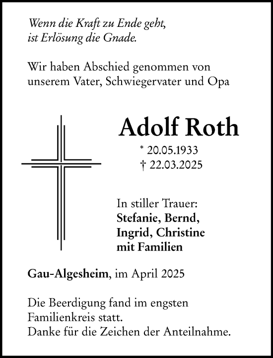 Traueranzeige von Adolf Roth von Allgemeine Zeitung Rheinhessen-Nahe
