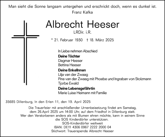 Traueranzeige von Albrecht Heeser von Dill Block