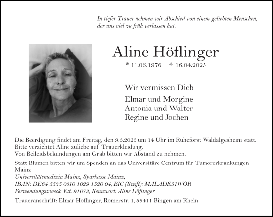 Traueranzeige von Aline Höflinger von Allgemeine Zeitung Rheinhessen-Nahe