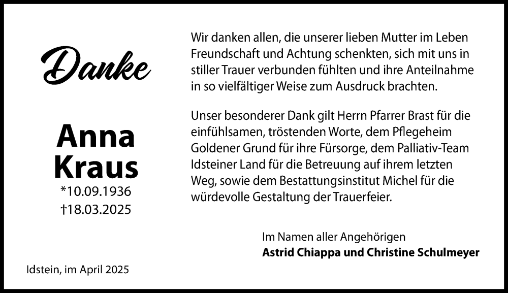  Traueranzeige für Anna Kraus vom 19.04.2025 aus Idsteiner Land/Untertaunus
