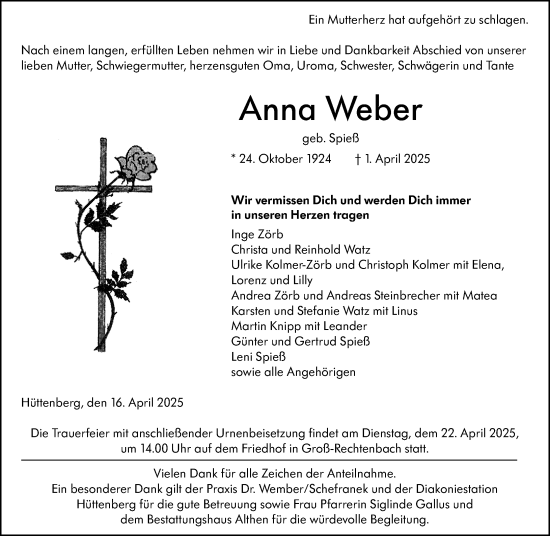 Traueranzeige von Anna Weber von Wetzlarer Neue Zeitung