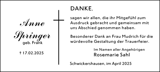 Traueranzeige von Anne Springer von Camberger Anzeiger